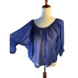 Cotton Express Sheer Cobalt Blue Lace-Trim Button Front Blouse
